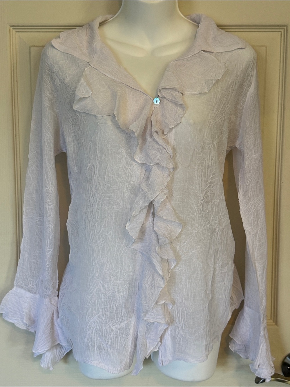 Komarov White Ruffled Crepe Blouse with Pearled Buttons
